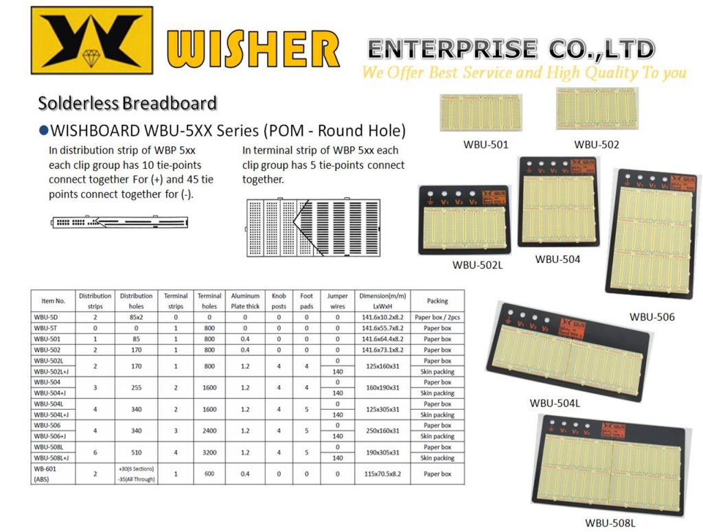 Solderless Breadboard, WISHBOARD WBU-5XX Series(POM - Round Hole)