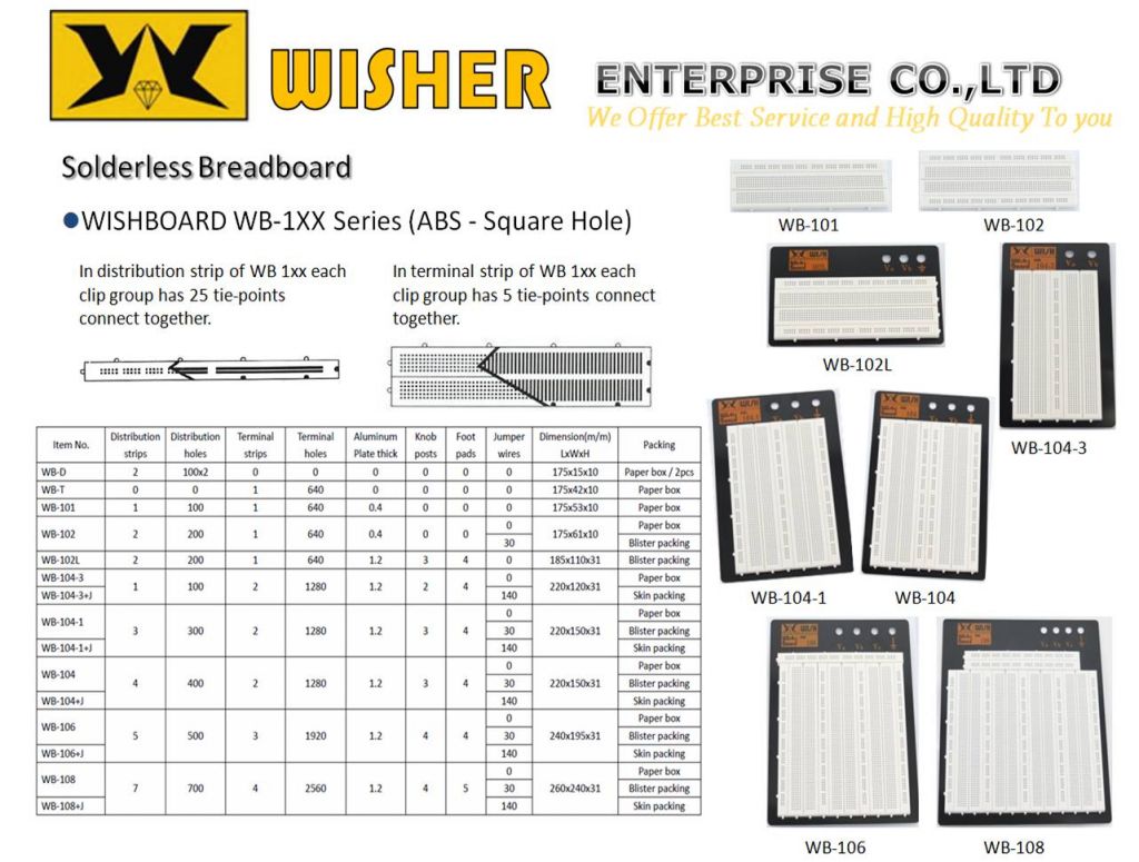 Solderless Breadboard, WISHBOARD WB-1XX Series(ABS - Square Hole)