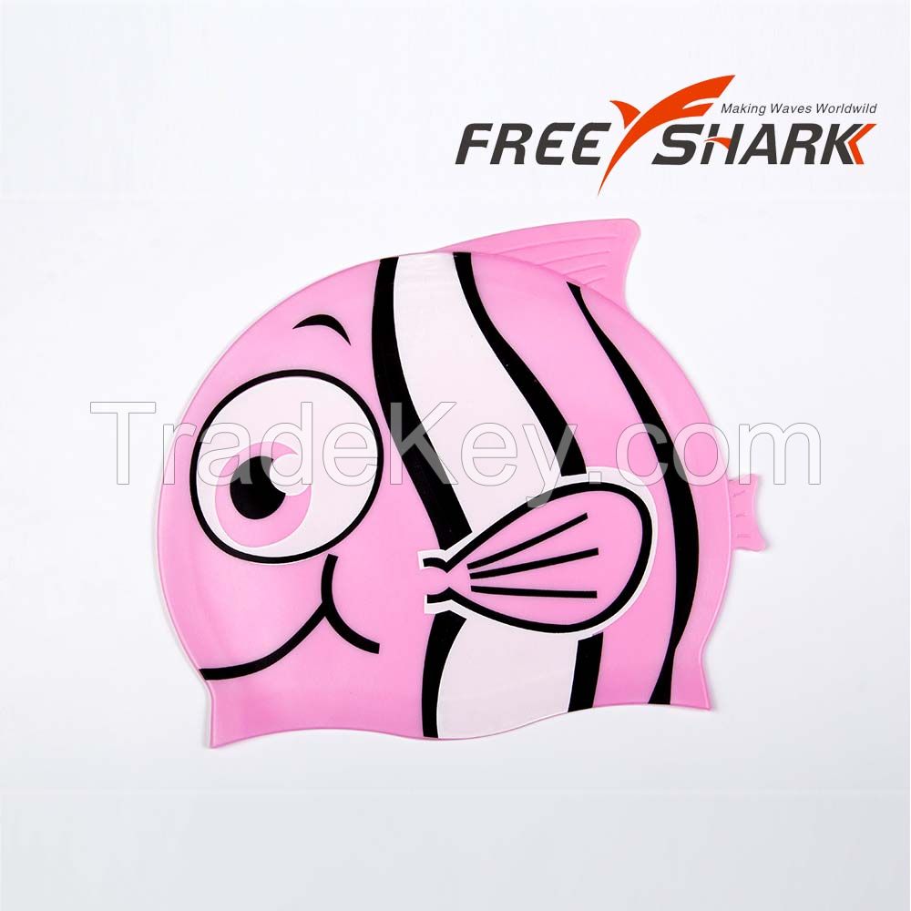 Free Shark cute fish cartoon printed silicone swim caps