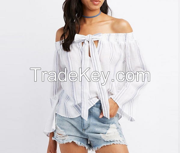 striped tie front off the shoulder women summer fashion top