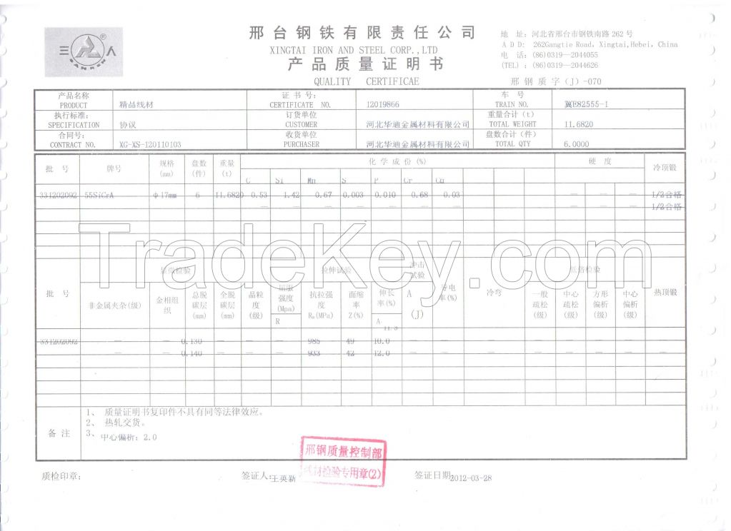 55SICR , 60SI2MN oil  tempered or cold drawn spring steel wire