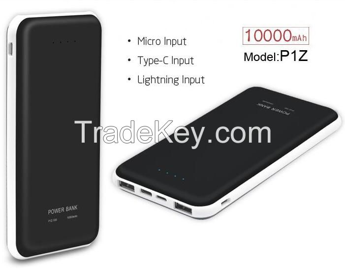 10000mah Li polymer external battery rohs power bank with 3 inputs