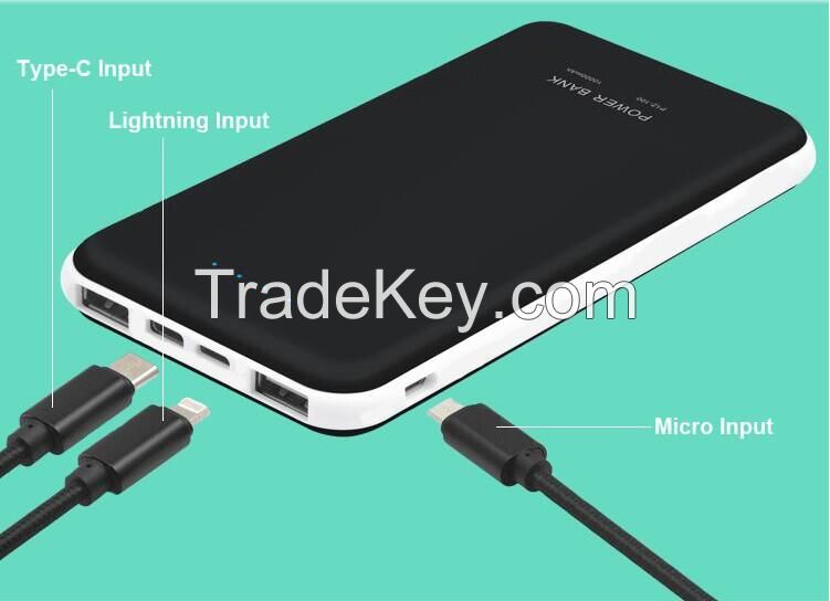 10000mah Li polymer external battery rohs power bank with 3 inputs