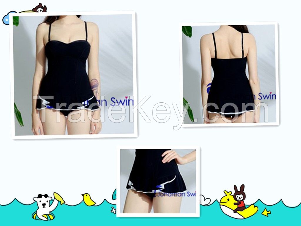 Girl's Slim Padded up Black One Piece with Nifty Skirt Hem Swimwear.