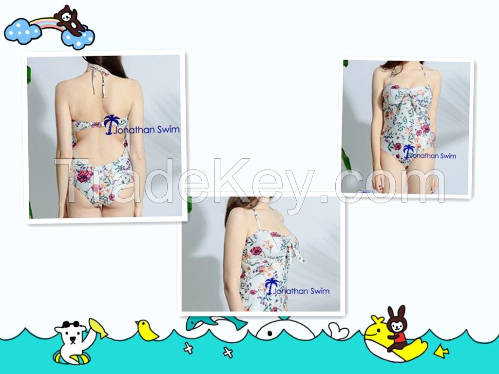 Women's Beautiful Flower Print High Cut Halter One Piece Swimwear.