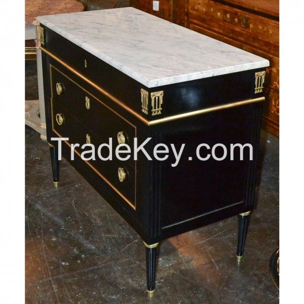 French Louis XVI Black Lacquered Commode