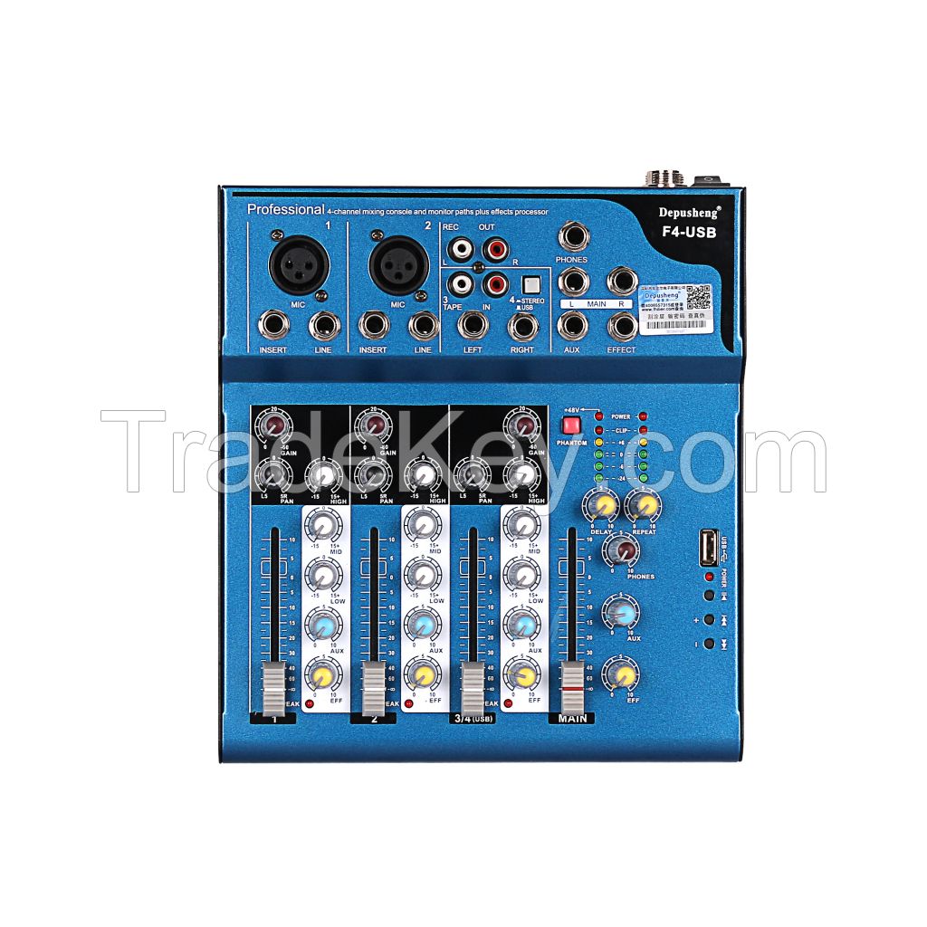 F4 4 channels (2 Mono+2 stereo)sound console Equipment USB LED Display professional Audio DJ Mixer