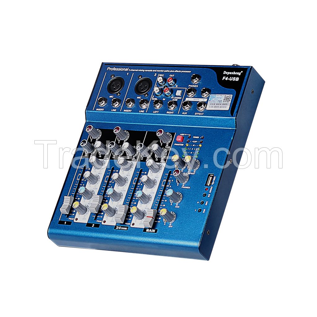 F4 4 channels (2 Mono+2 stereo)sound console Equipment USB LED Display professional Audio DJ Mixer