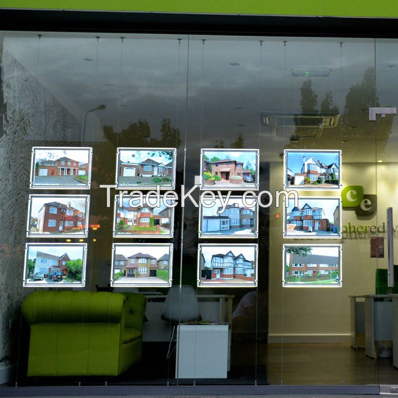 Estate Agent LED Window Display A4 Two Sides Vertical Cable Wires Hanging Acrylic Poster Frame Systems Lightbox kits  