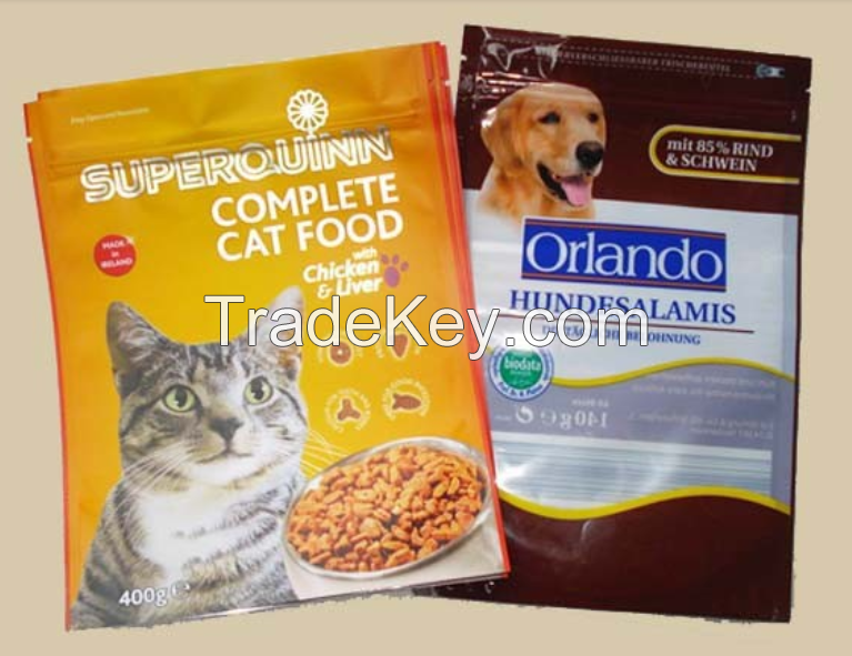 plastic bag for cat & kitten food,3 side seal lovely pet food packaging with tuna taste,laminated cute cat treat bag