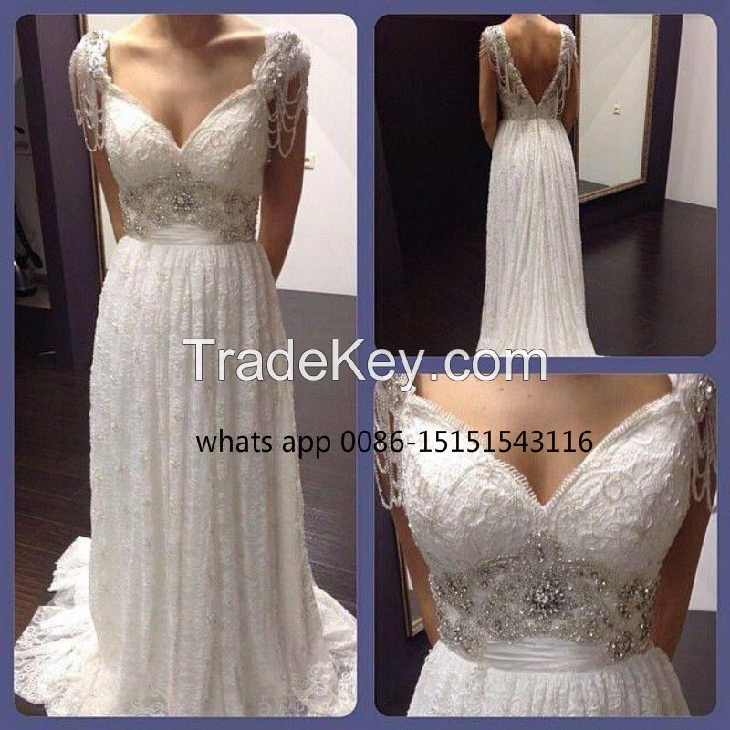 2016 Lace Anna Campbell Backless Wedding Dress Vestidos De Novia Lace Bridal Gowns with Beadings