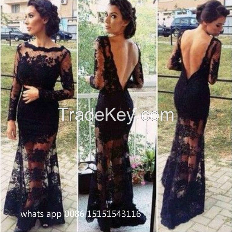 Mermaid Black Lace Backless Long Sleeves Evening Prom Dresses 2015