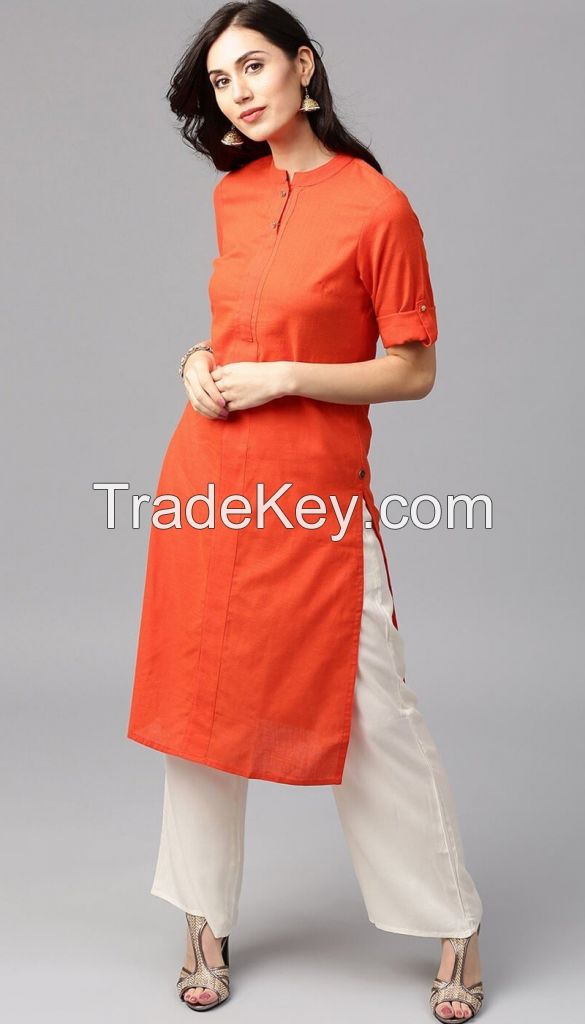 Flex Cotton Orange Colour Kurta with Offwhite Palazzo in Jaipur Style