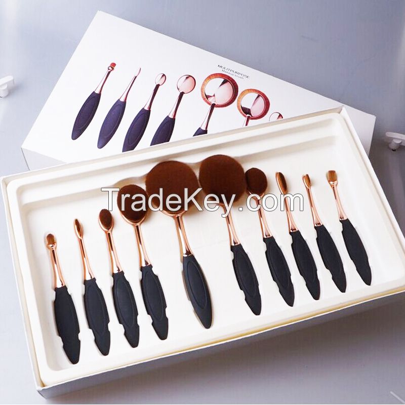 10pcs New arrivals oval makeup brush plastic handle rose gold toothbrush make up brush set with quality carton box