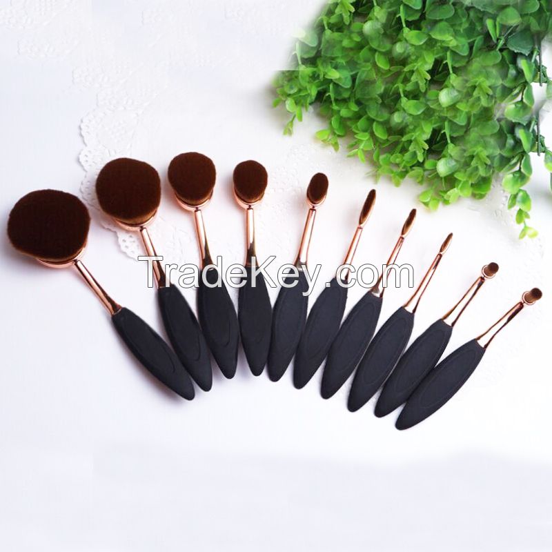 10pcs New arrivals oval makeup brush plastic handle rose gold toothbrush make up brush set with quality carton box