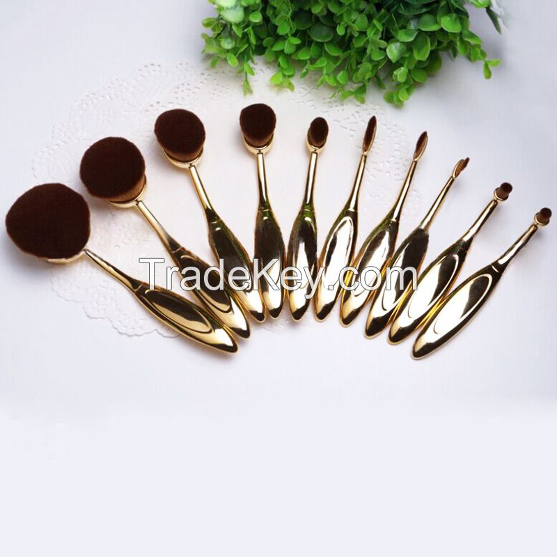 10pcs New arrivals oval makeup brush plastic handle rose gold toothbrush make up brush set with quality carton box