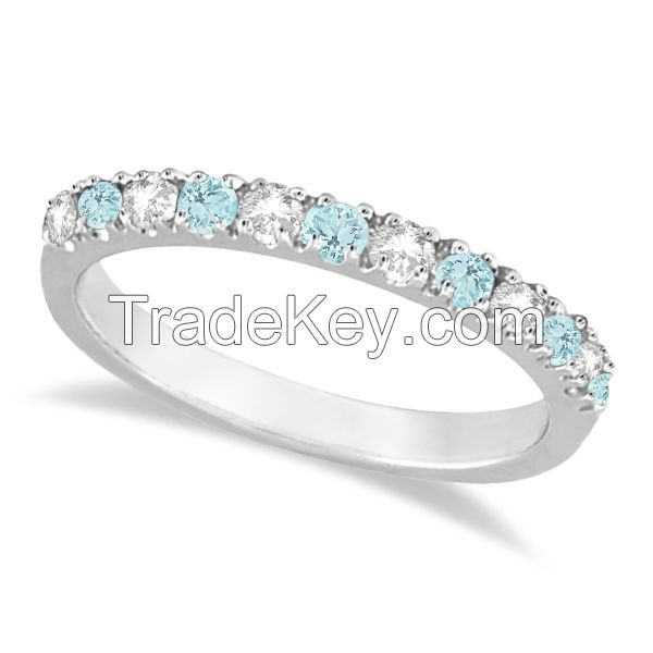 Diamond & Aquamarine Ring Guard Anniversary Band 14k White Gold 0.32ct