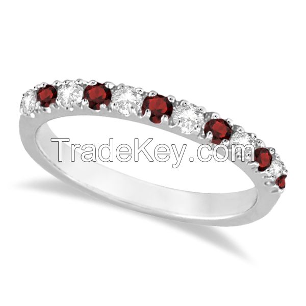 Diamond and Garnet Ring Guard Stackable Band 14K White Gold 0.37ct