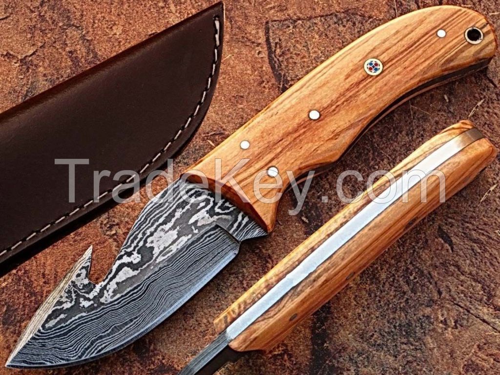  Details about  BEAUTIFUL HAND MADE DAMASCUS FULL TANG HUNTING KNIFE WITH OLIVE WOOD HANDLE 