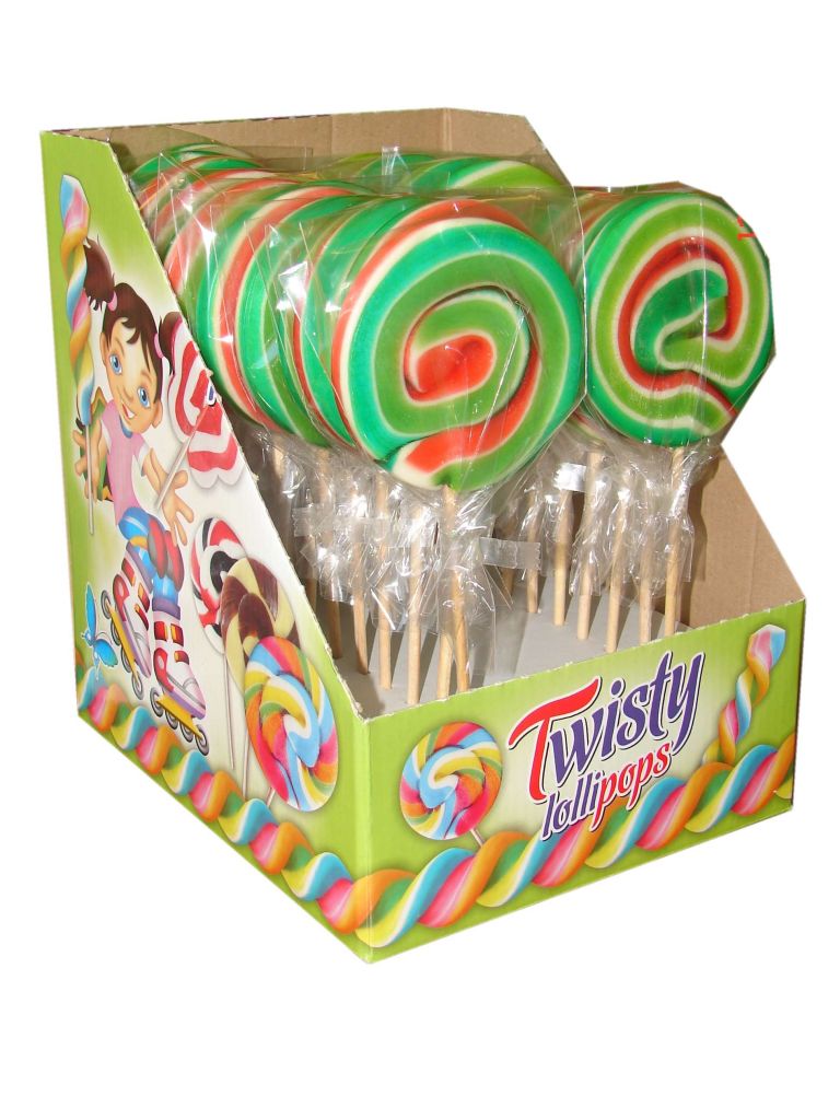 Hard candy twist lollipops 60g fruit flavour.