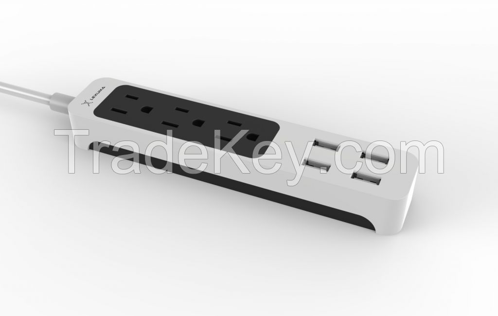 XStrip 3 Gang Surge Protected US Power Strip with 4 USB, FCC Certified