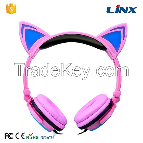 Headphone factory Hot selling Led glowing portable patent cat ear shaped wired headphone