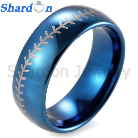 Men's 8mm Domed Ip Blue Tungsten Ring With Engraved Baseball Pattern