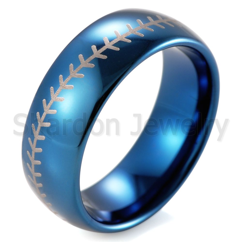 Men&#039;s 8mm Domed IP blue Tungsten Ring with Engraved Baseball Pattern