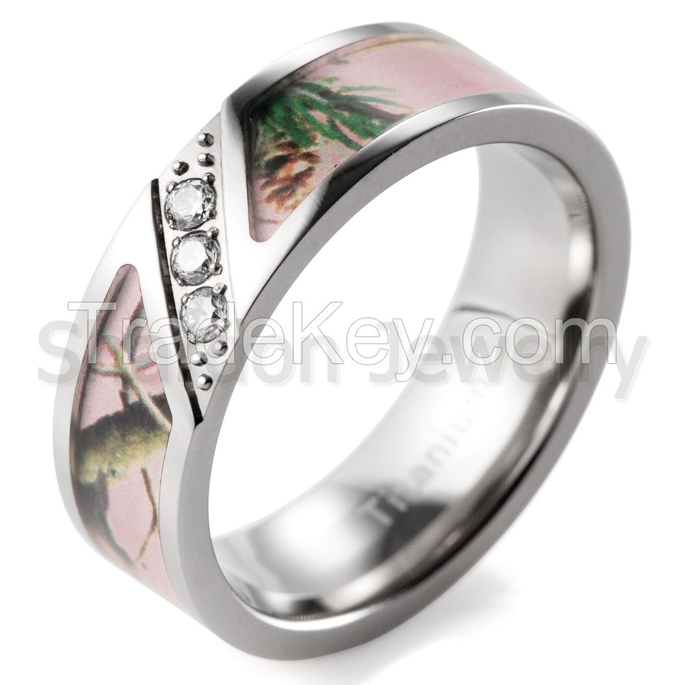 Men&#039;s 7mm Pink Branches Camo Titanium Ring Diagonal Grooved Design with 3 CZ Stones Inlay