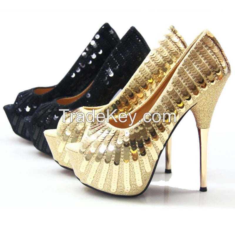 Fashion Elegant Glitter Wedding Shoes High Heel Platform Peep Toe Gold and Black Color Sexy Party Shoes