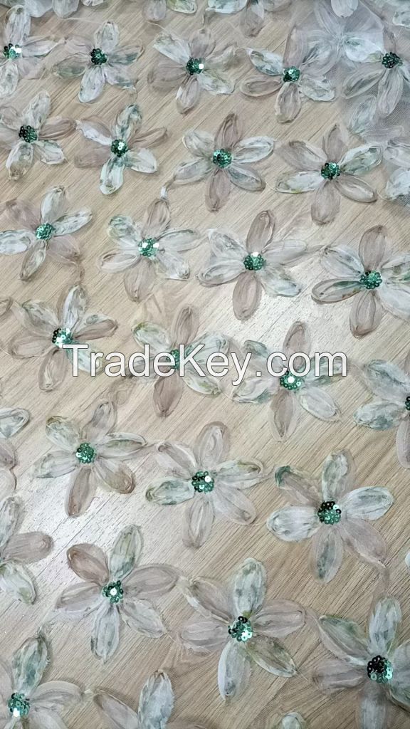 Width 130cm Polyester Sequins Flowers Embroidery Mesh 3d Leaf Tulle Lace Fabric Dress Women Skirt Shirt Dress