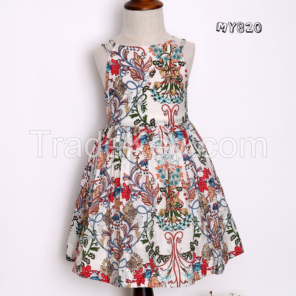 Spaghetti Strap national style printed pattern children long frock design