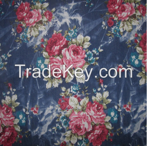 Factory hot sale digital floral printed denim fabric