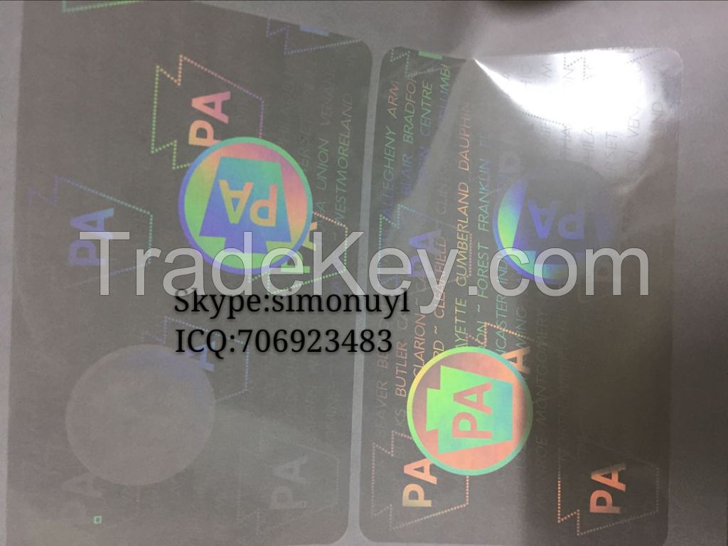 TN, DL, NV, Missouri, IL, NJ, KY, Michigan etc State ID overlay hologram sticker manufacturer