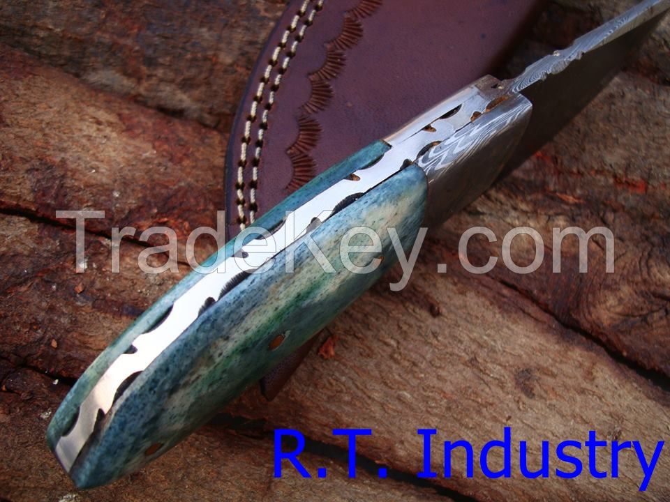 Damascus knife handmade skinner knife - Colored camel bone handle