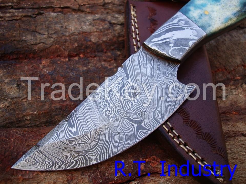 Damascus knife handmade skinner knife - Colored camel bone handle