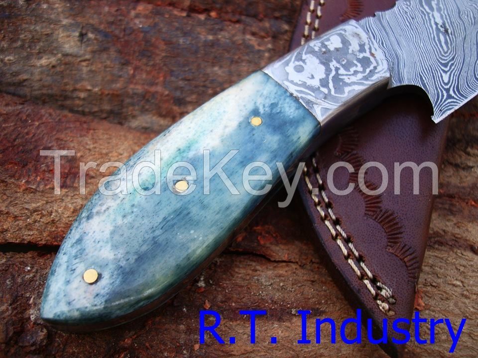 Damascus knife handmade skinner knife - Colored camel bone handle