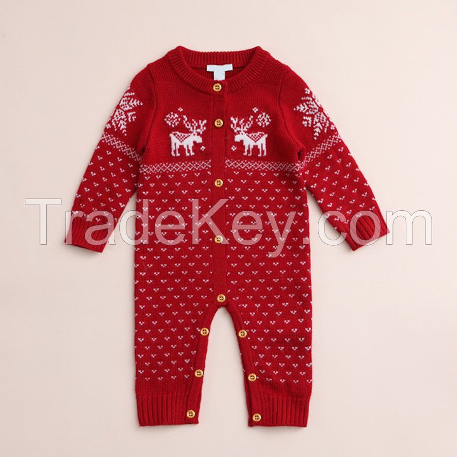 Christmas Baby Sweater Jumpsuits Xmas Newborn Babies Deer Buttons Rompers Bodysuits Infants Toddlers Cotton Woolen Warm Jumpsuits For 0-2T