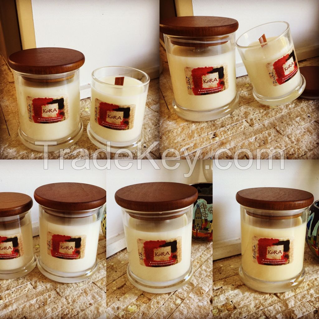 Scented Soy Candles in Glass Jar with wooden wicks and wooden lids