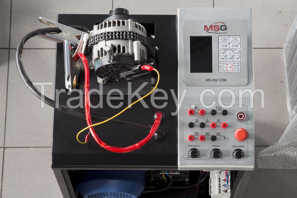 Test bench MSG MS002 COM for diagnostics of 12 V and 24 V alternators through load simulation of current consumers up to 200 A or 100 A, correspondingly