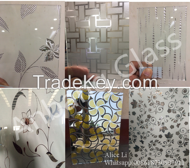 Titanium Coated Decorative Glass with Acid etched deisgns