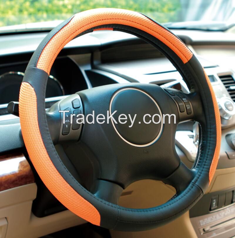 Black beige orange genuine leather and mesh Car steering wheel cover universal 15 inch