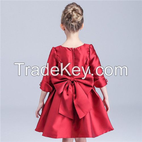 Children dress skirt girl long sleeve wedding dress new red bow Princess dress Baby girl Dress