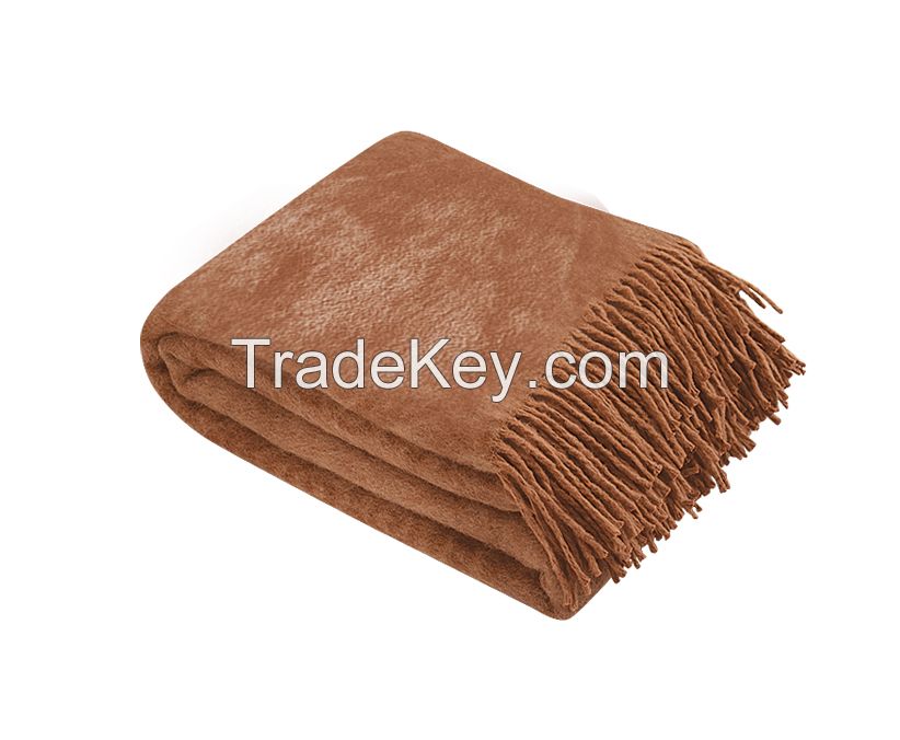 Vintage Camel Wool Throw Blanket with fringe  55x79â (Twin) in Jacquard Camel pattern, Medium Weight, made in Europe By Yaroslav Mill.