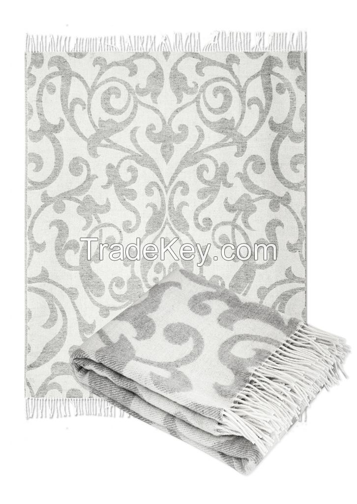 Wool  Throw Blanket with fringe  55x79  (Twin) in jacquard design, Medium Weight, made in Europe By Yaroslav Mill.