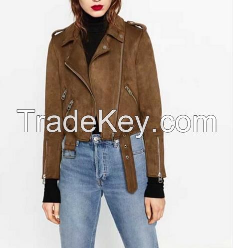 Chic Brown Faux Suede Jacket 2016 Autumn Women Short Motorcycle Biker