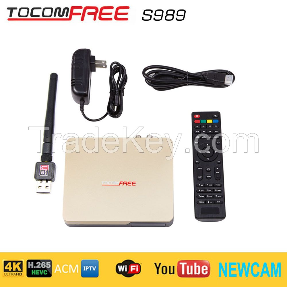 2016 FTA high definition digital satellite TV receiver Tocomfree s989 with iptv iks sks free newcam H.265 twin tuner for south America