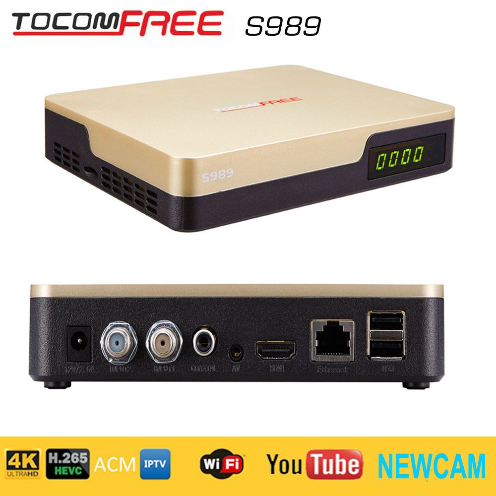 2016 FTA high definition digital satellite TV receiver Tocomfree s989 with iptv iks sks free newcam H.265 twin tuner for south America