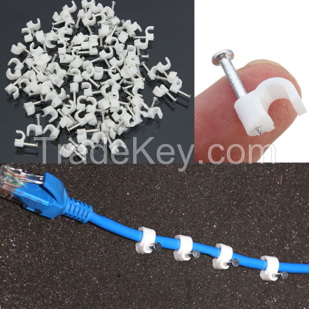 New 100pcs 4mm Round White Telephone Cable Wire Cord Lead Fixing Nail Clips Clip