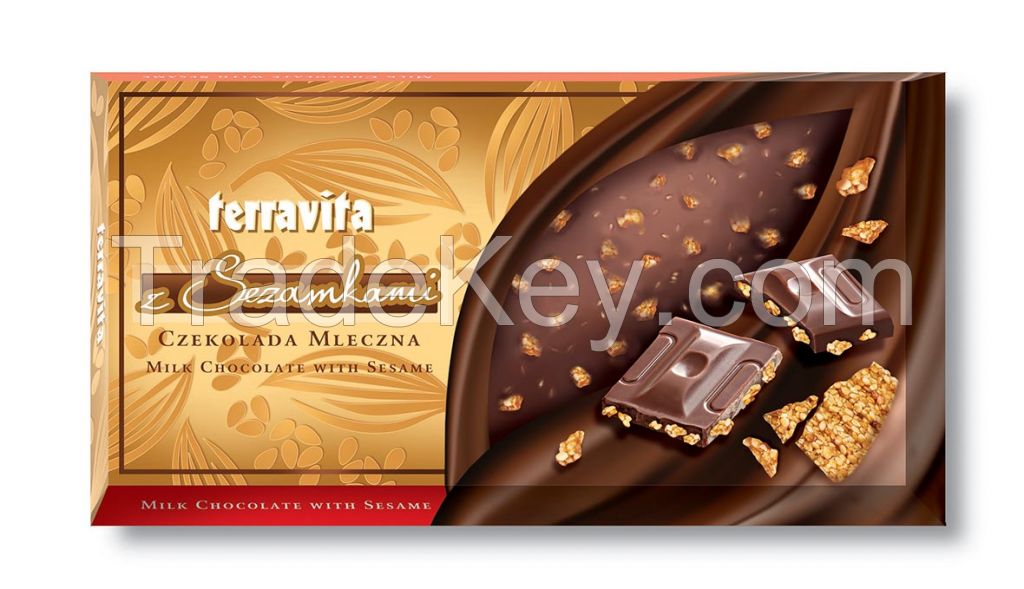 Premium chocolates, white, milk, dark, with peanuts, crushed sesame etc